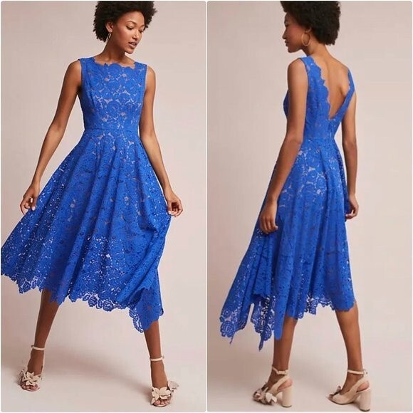Anthropologie Tracy Reese Cerulean Sky Cobalt Blue Lace Asymmetrical Midi Dress - Picture 1 of 11